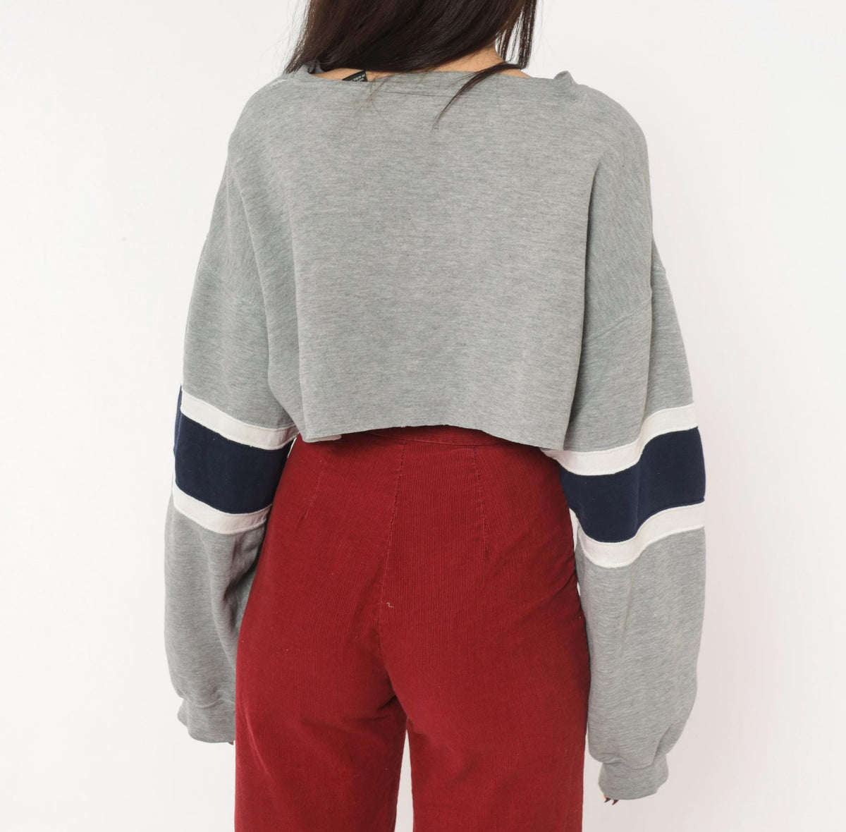 90s Decker Sportswear Cropped Sweatshirt Grey Navy Stripe Boat Neck Small