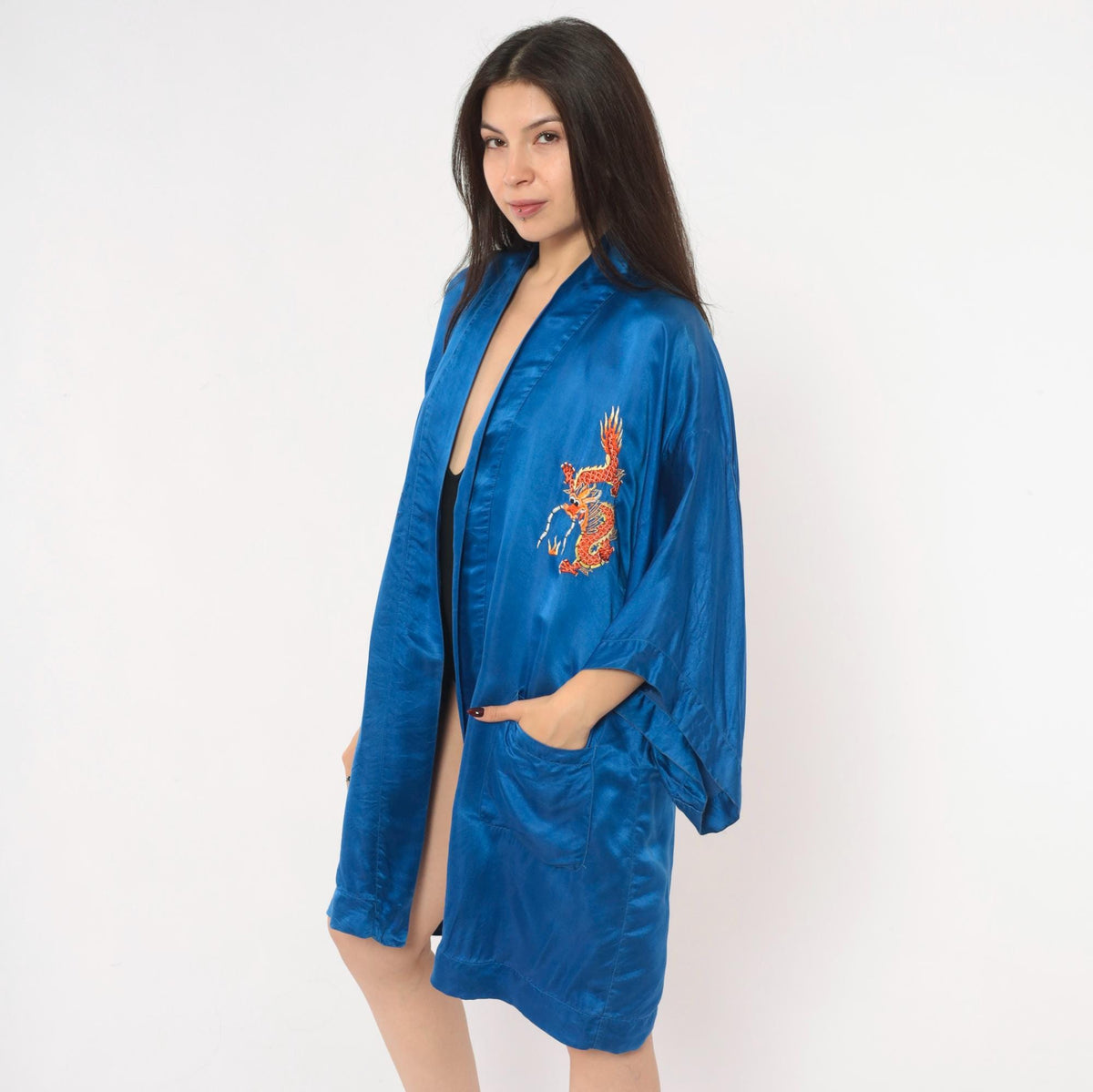 90s Golden Deer Silk Kimono Robe Cobalt Blue Dragon Embroidered Medium