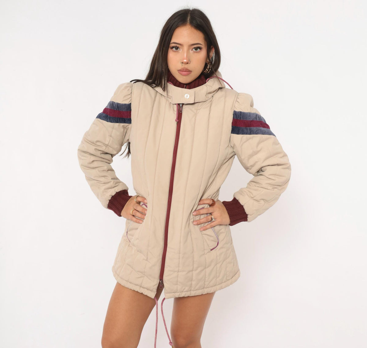 80s JC Penney Cream Puffer Coat Hooded Quilted Ski Jacket Small
