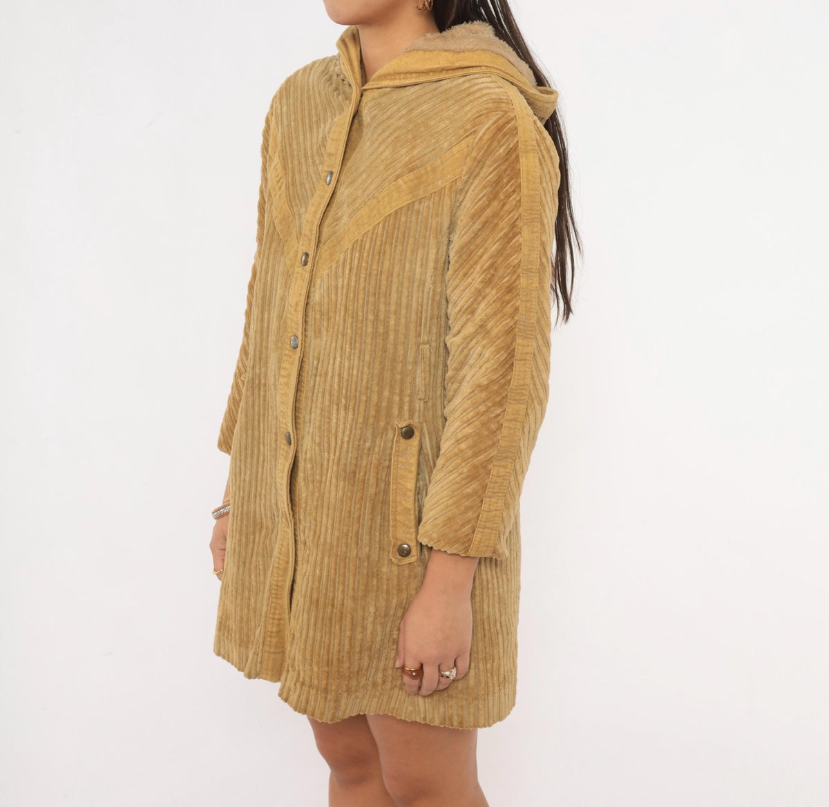 70s Rovercoat Arthur Jay Corduroy Hooded Coat Beige Wide Wale Faux Fur Lined Small S