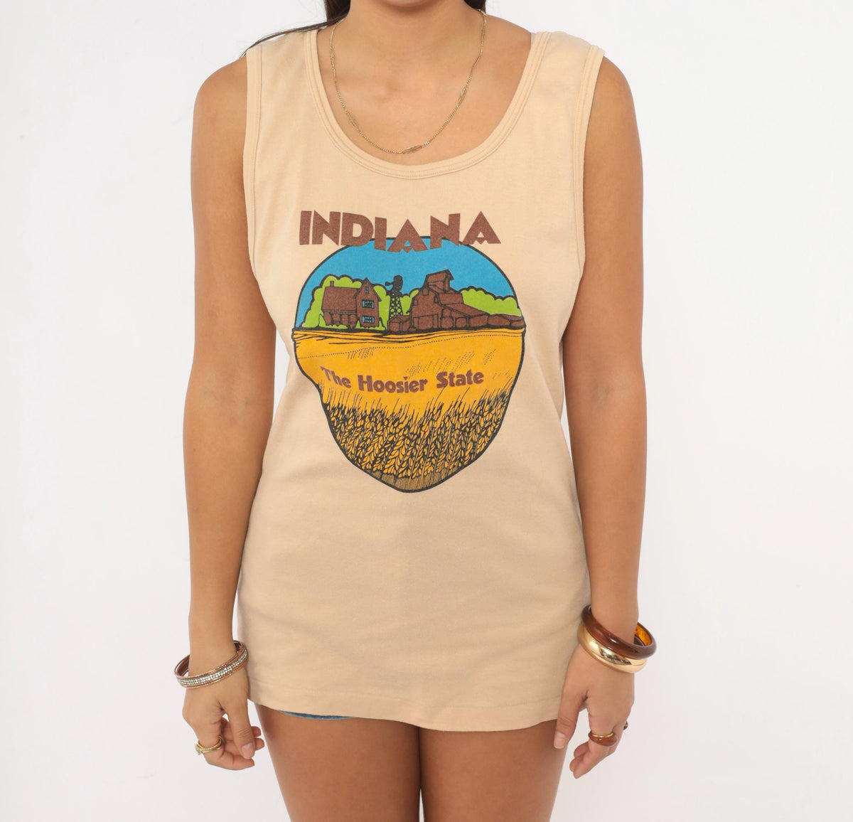 80s Indiana Hoosier State Souvenir Tank Top Tan Graphic Small