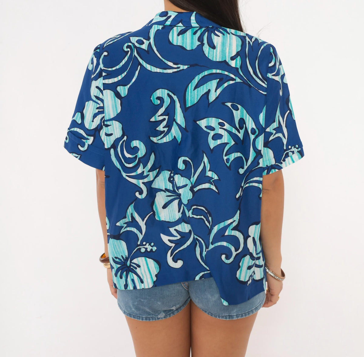 70s Hawaiian Shirt Navy Blue Hibiscus Floral Camp Collar Short Sleeve Medium M