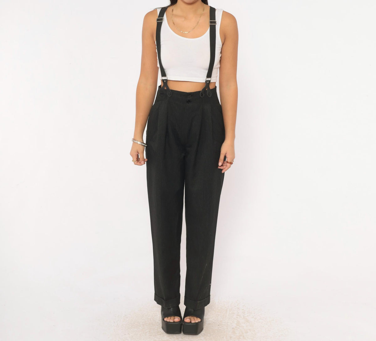 80s 7th Alternative Pinstripe Trousers Black High Waist Pleated Tapered Small S