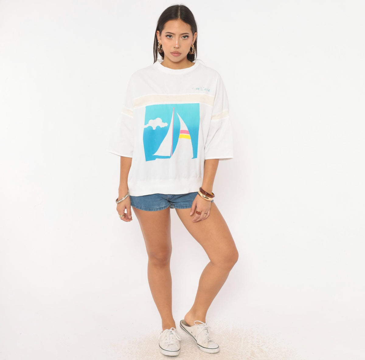 80s Raz Key West Sailboat Graphic Tee White Three Quarter Sleeve Large