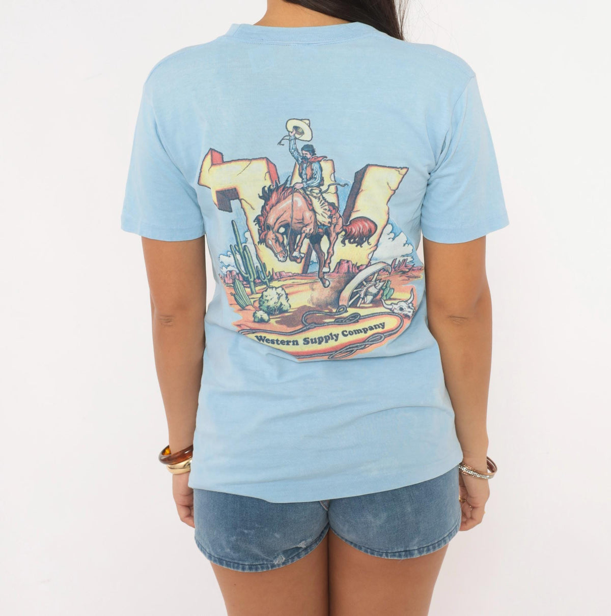 90s Western Supply Company Cowboy Bronco Pocket Tee Light Blue Small S