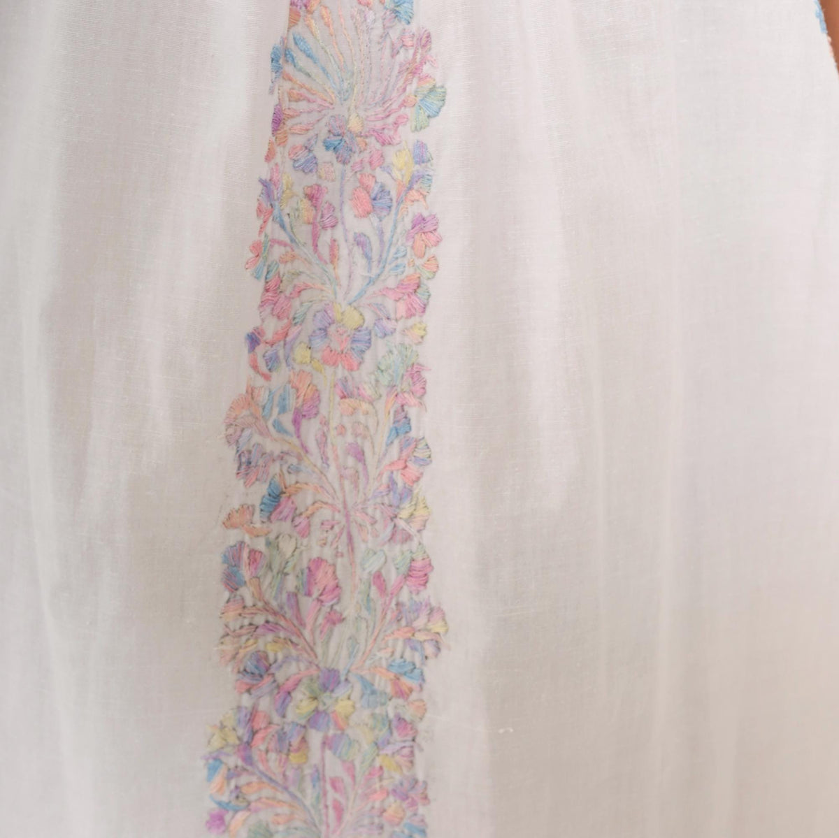 80s Mexican Embroidered Dress White Floral Crochet Lace Yoke Midi Large