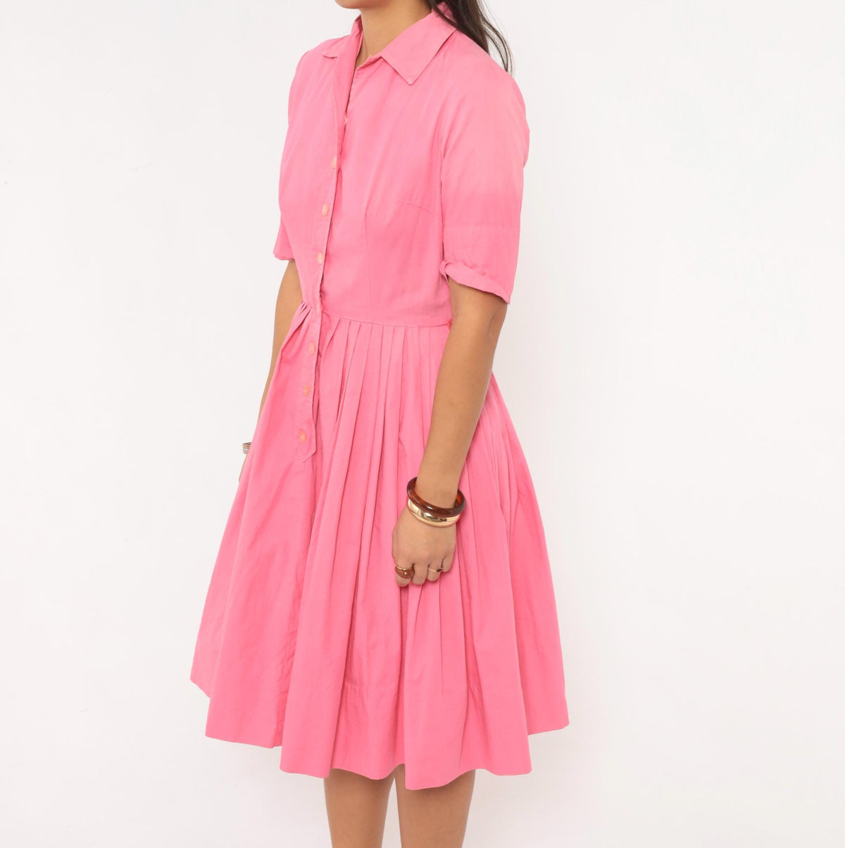 60s Pink Cotton Shirtdress Knife Pleated Knee-Length Button Front Small