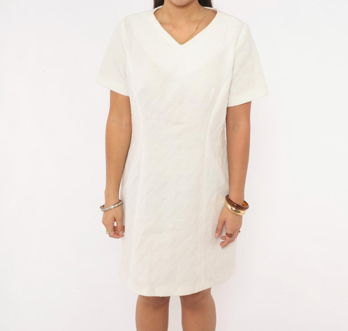 60s White Shift Dress V Neck Short Sleeve Mod A Line Jacquard Medium M