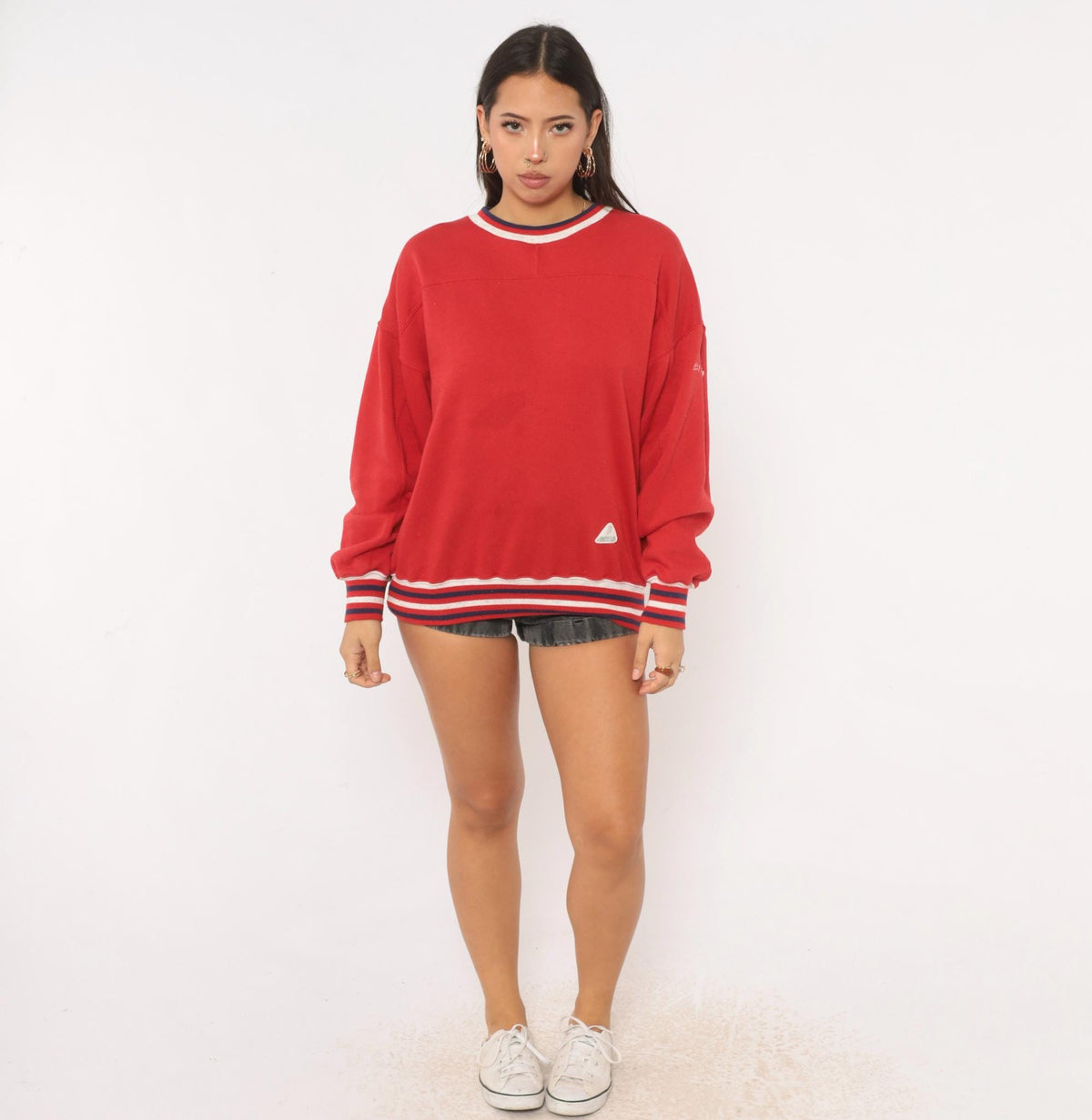 90s Red Crewneck Sweatshirt Striped Rib Trim Navy White Cotton Medium