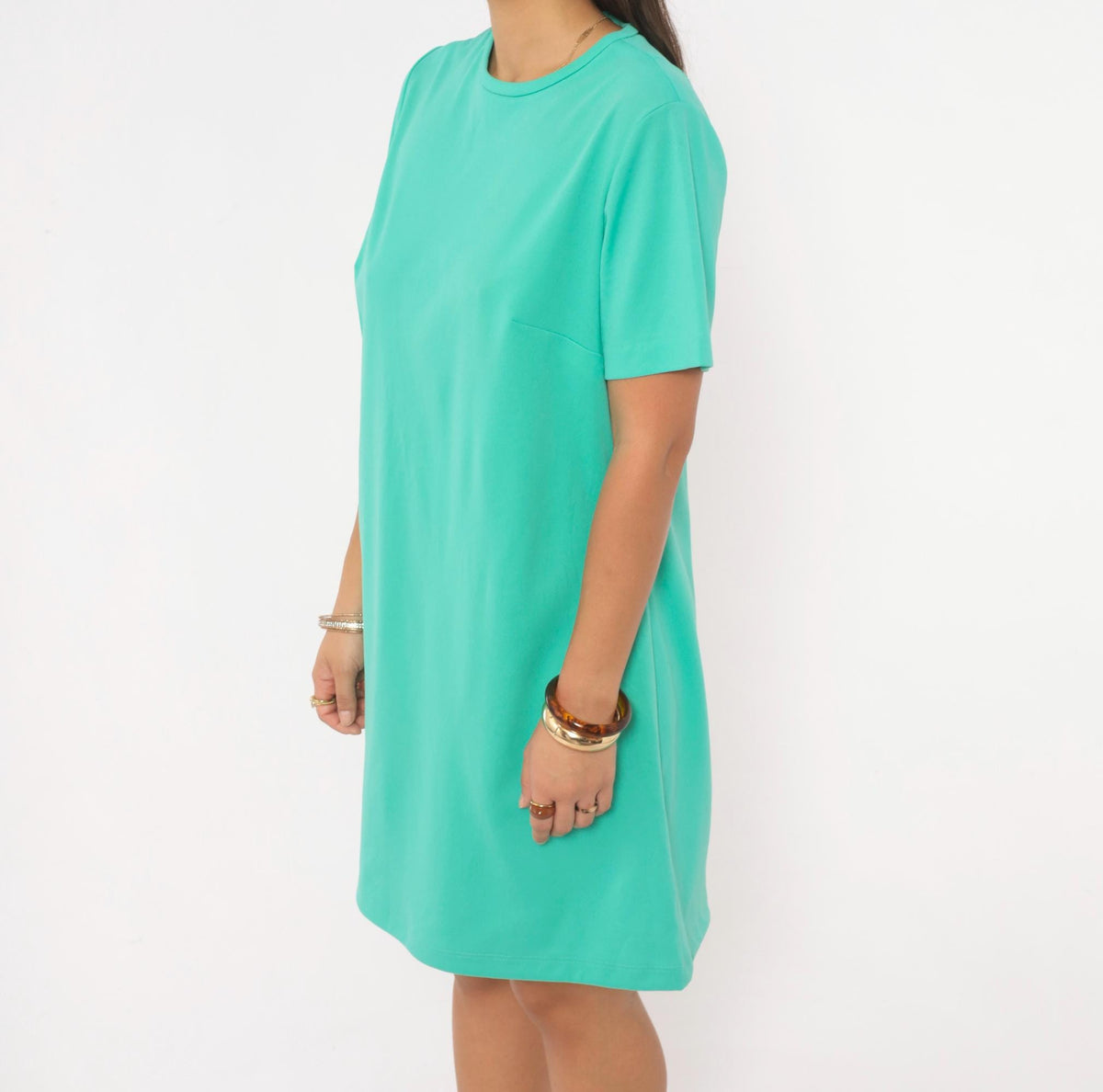 70s Teal Shift Dress A-Line Crew Neck Short Sleeve Solid Green Large