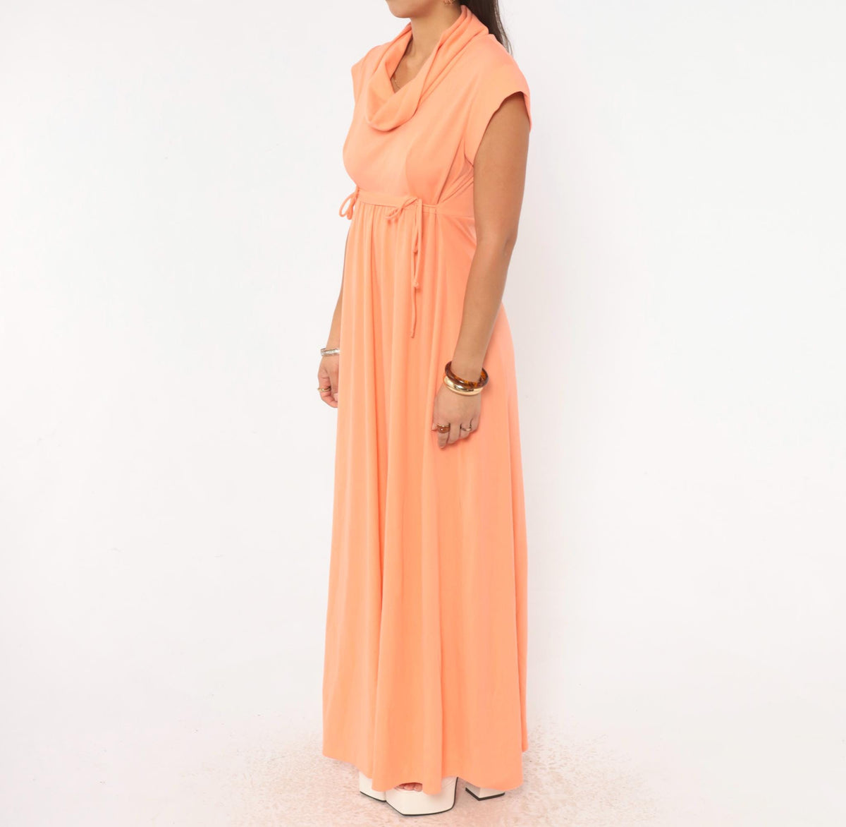70s Peach Maxi Dress Cowl Neck Cap Sleeve Empire Waist A-Line Medium