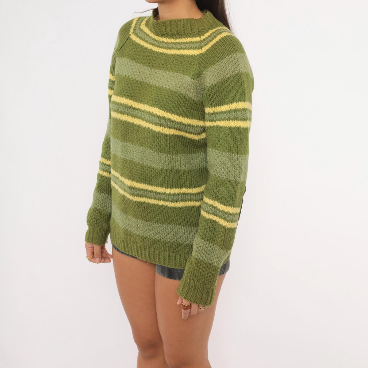 90s Olive Striped Wool Hand Knit Sweater Raglan Brown Elbow Patches Medium