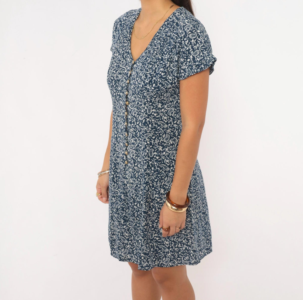 90s Caroline Wells Navy Paisley Floral Dress Button Front V Neck Medium M