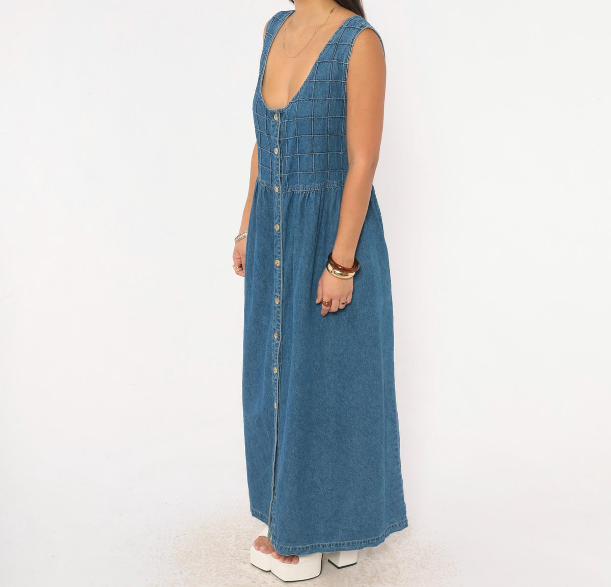 90s TY Original Wear Denim Jumper Dress Navy Cotton Quilted Bodice Plus Size 2X