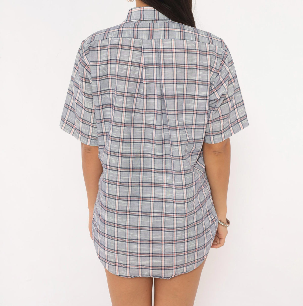 80s Durable Press Plaid Button-Up Shirt Blue Red Check Short Sleeve Medium