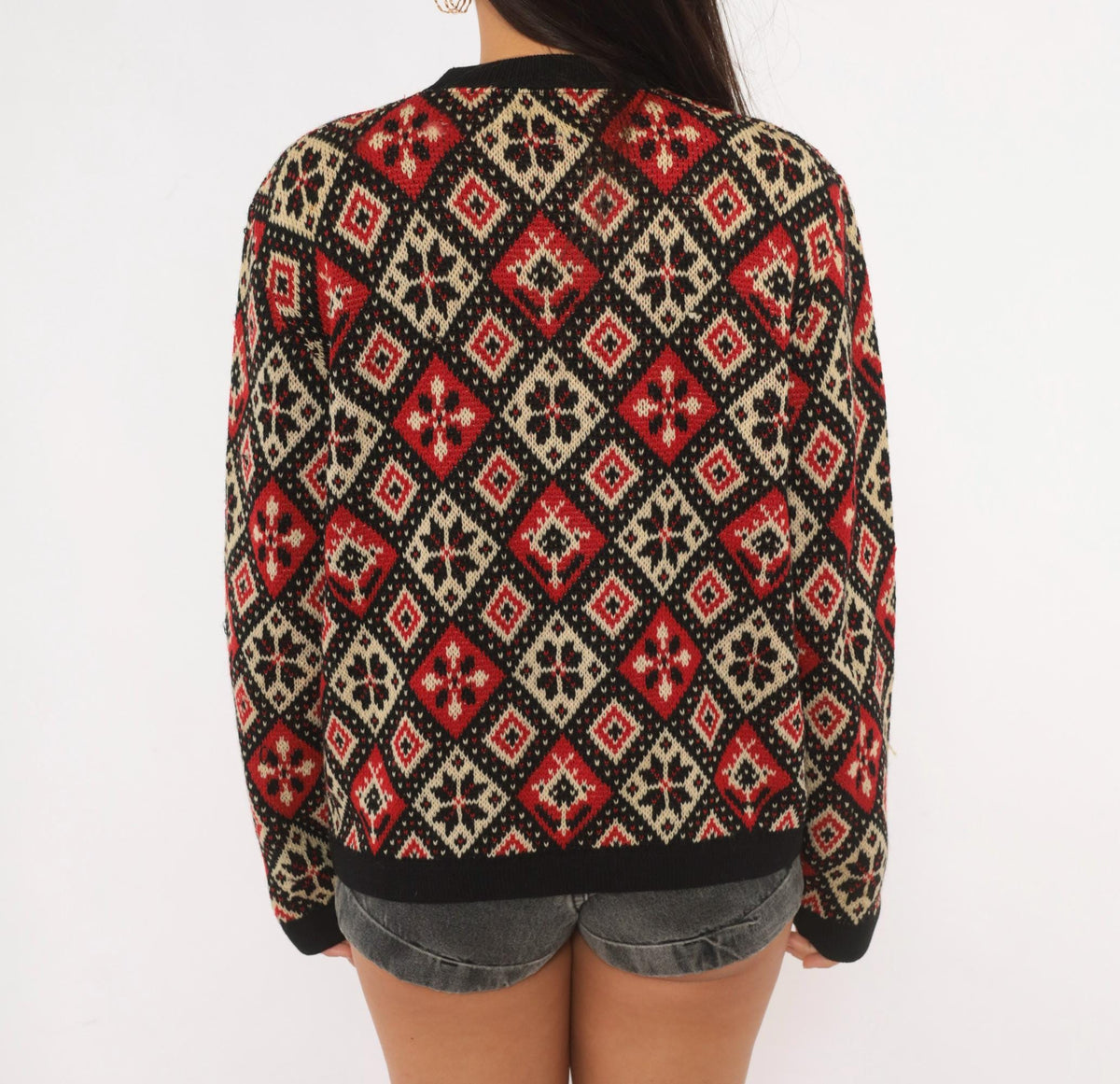 60s Jersild Wool Cardigan Black Red Cream Fair Isle Diamond Medium