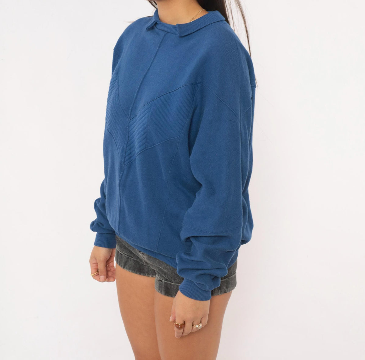 80s Cobalt Sweatshirt Chevron Quilted Panel Collared Cotler Small