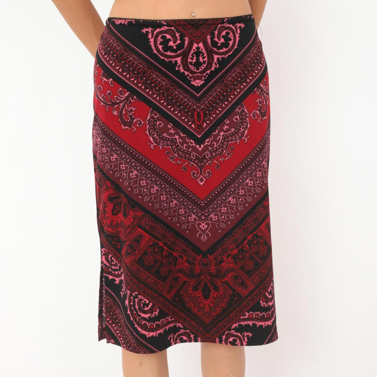 Y2K Tempted Paisley Bandana Chevron Skirt Black Red Burgundy Large