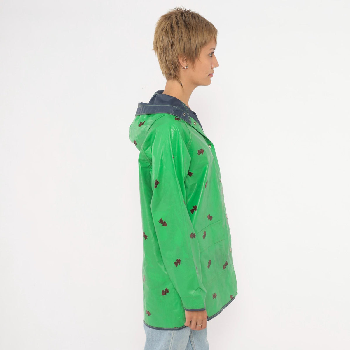 80s Reversible Dog Print Raincoat Hooded Snap Front Navy Trim Small