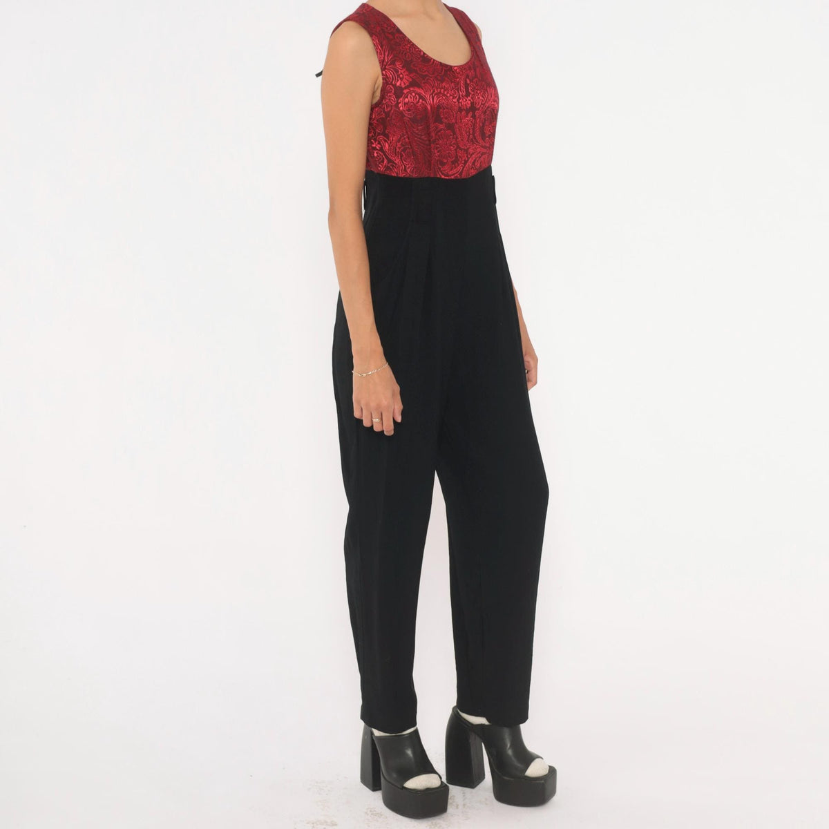 90s Black Jumpsuit Red Brocade Bodice Sleeveless High Waist Small S