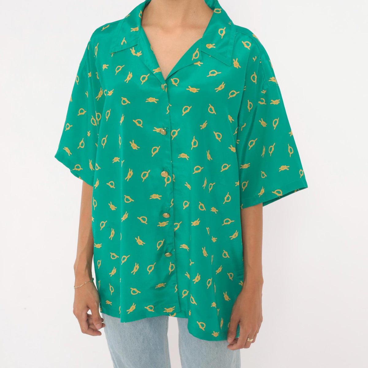 90s Leslie Fay Nautical Knot Print Blouse Teal Camp Collar Large L