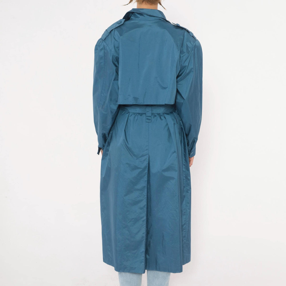 80s J.Gallery Blue Nylon Trench Coat Belted Epaulettes Medium M