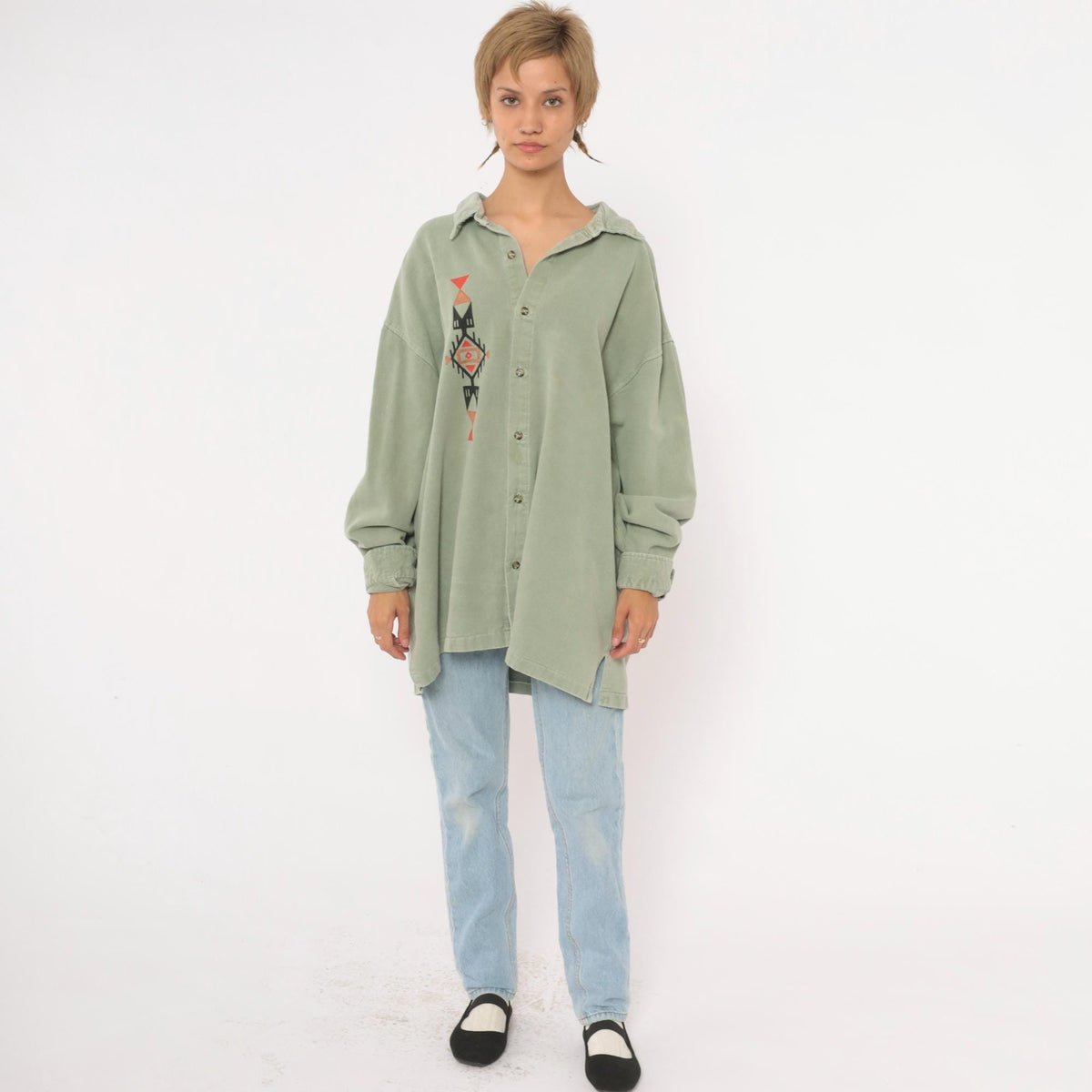 90s 4Fun Originals Southwestern Button Up Shirt Olive Green Geometric Plus Size XXL