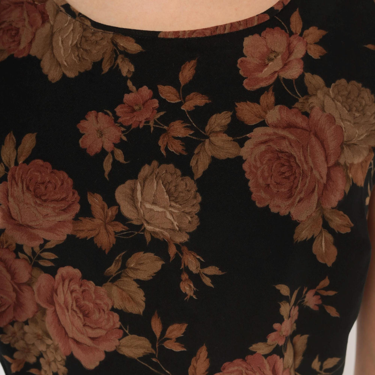 90s Black Floral Velour Dress Rose Print Tie Back Ankle Length Small S