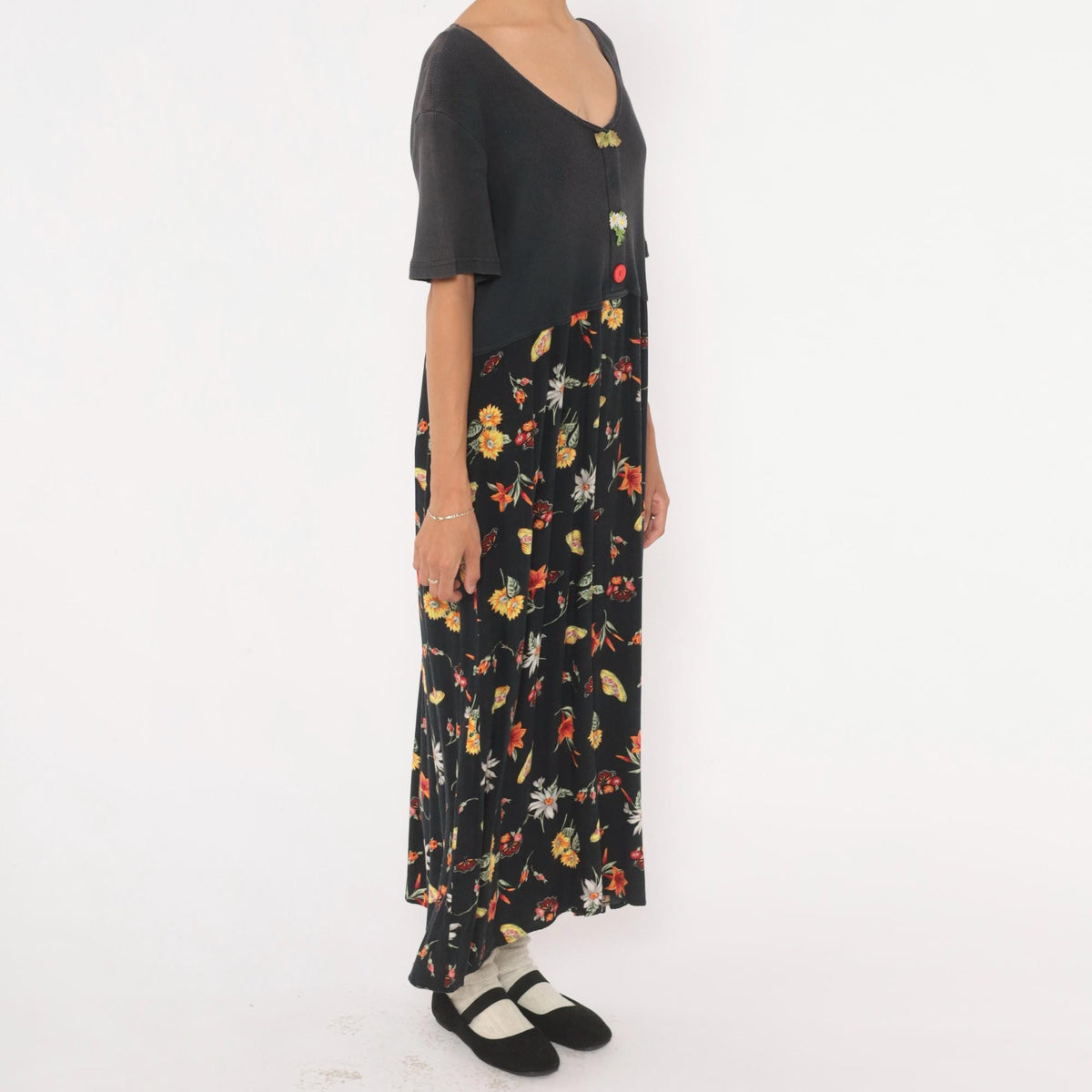 90s Petite Impressions Black Floral Midi Dress Ribbed Knit V Neck Large L