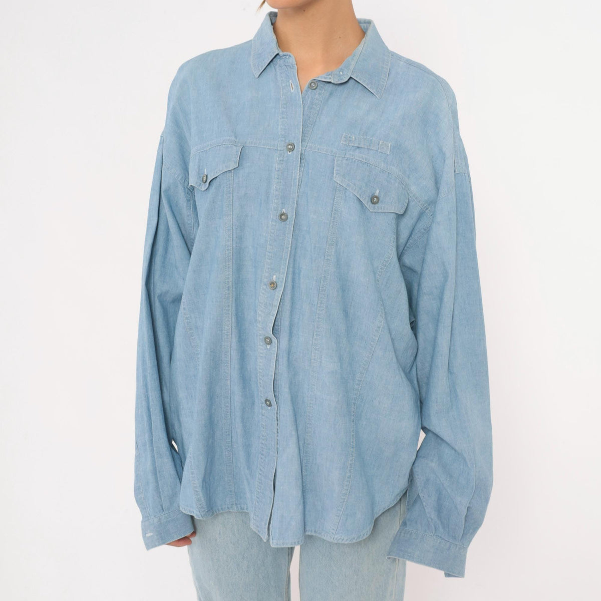 90s Chaussport Chambray Shirt Light Blue Cotton Button-Up Medium M