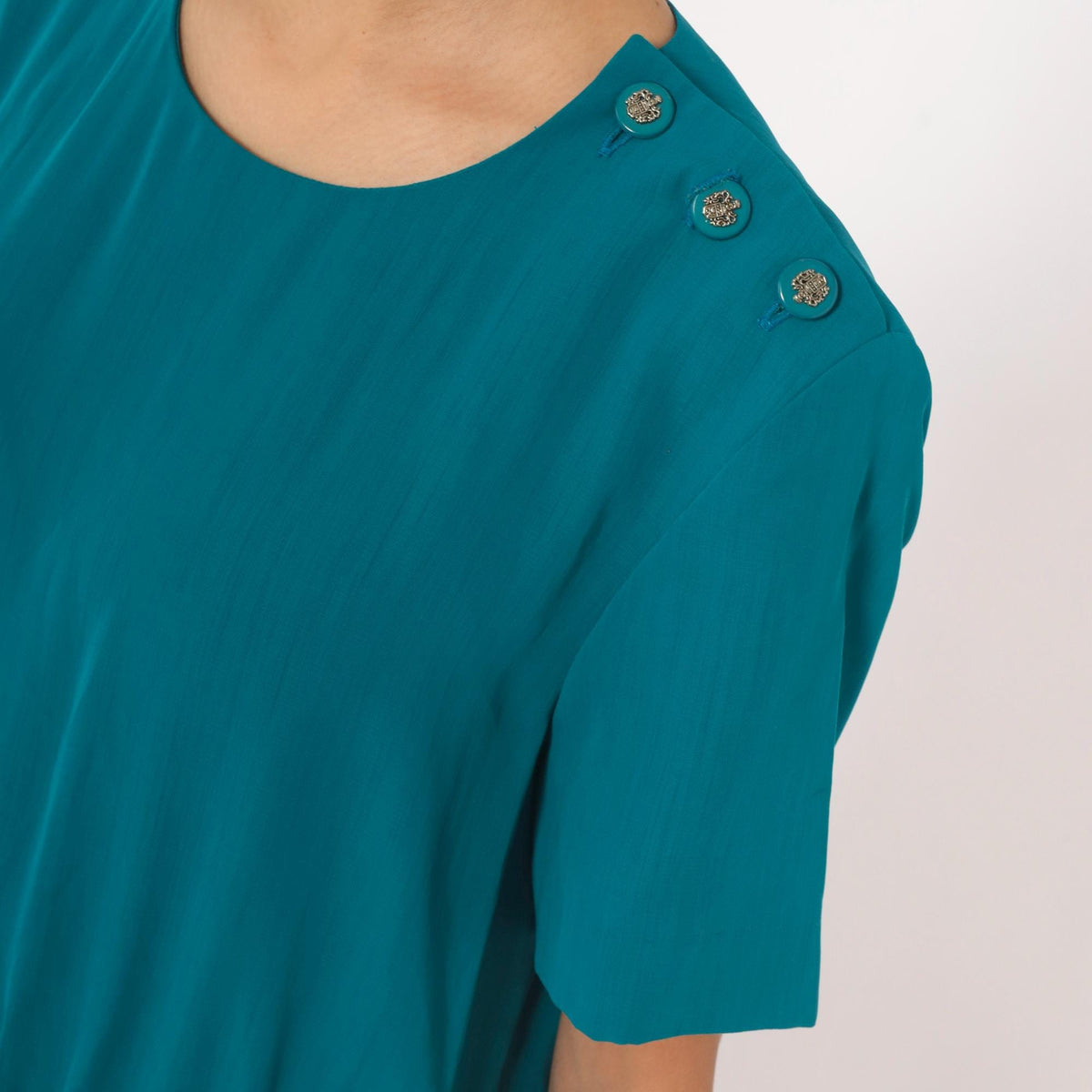 80s Leslie Fay Teal Pleated Midi Dress Shoulder Pads Accordion Skirt Small