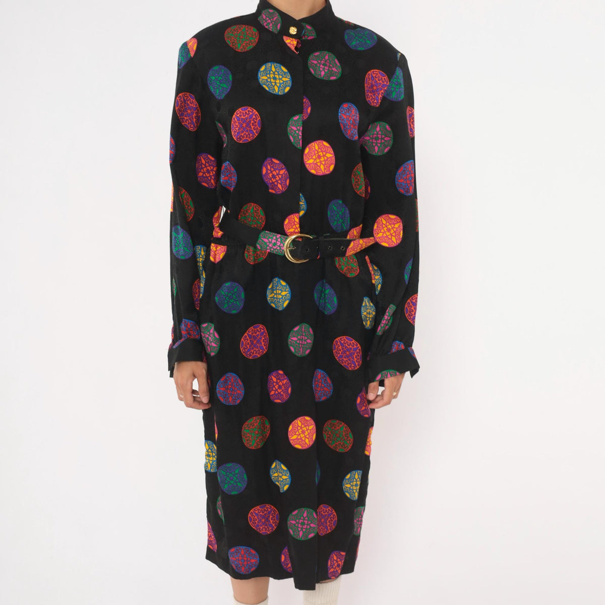 80s Gay Boyer Collections Black Silk Midi Dress Medallion Print Mandarin Collar Medium