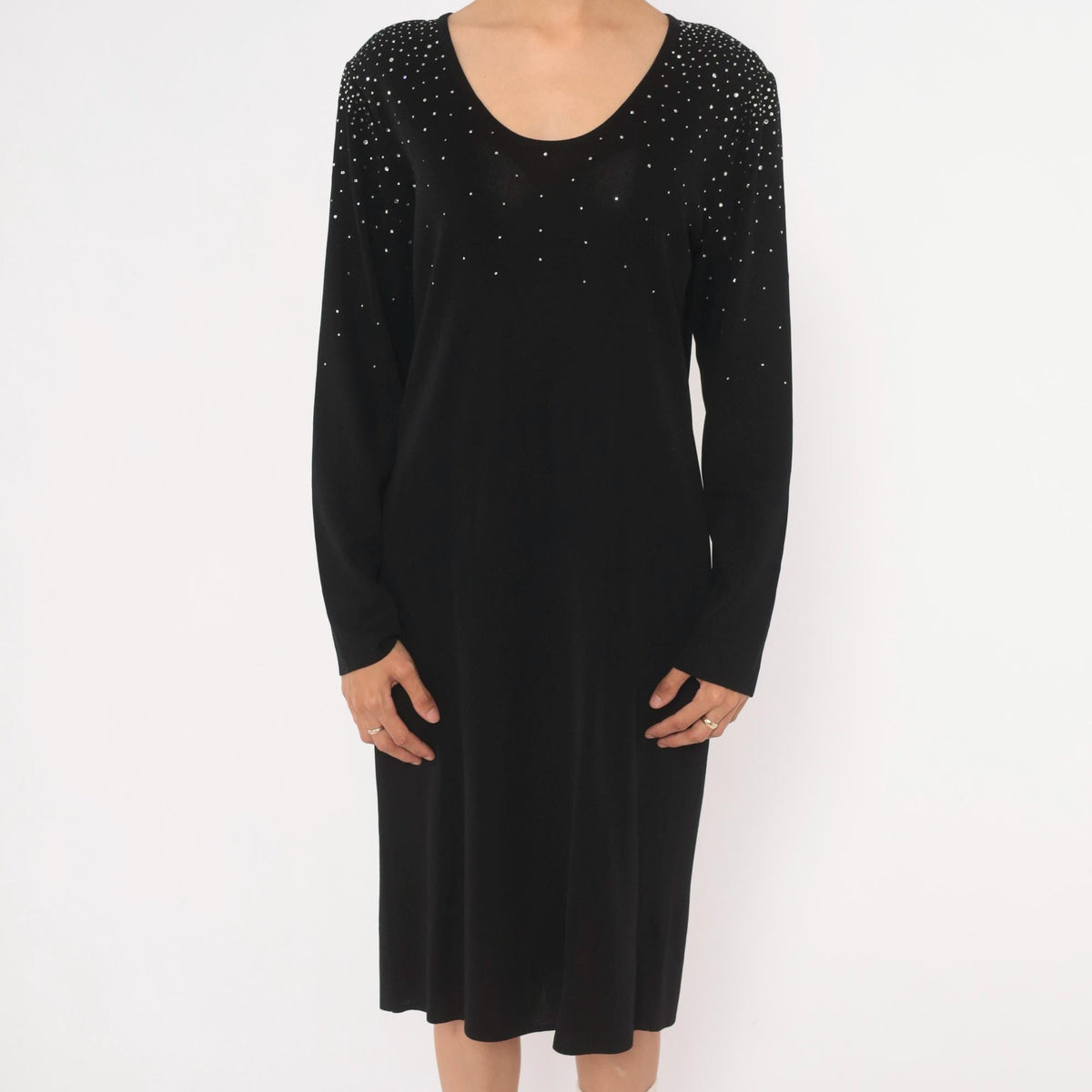 90s Misook Black Rhinestone Knit Dress Long Sleeve Shift Small S