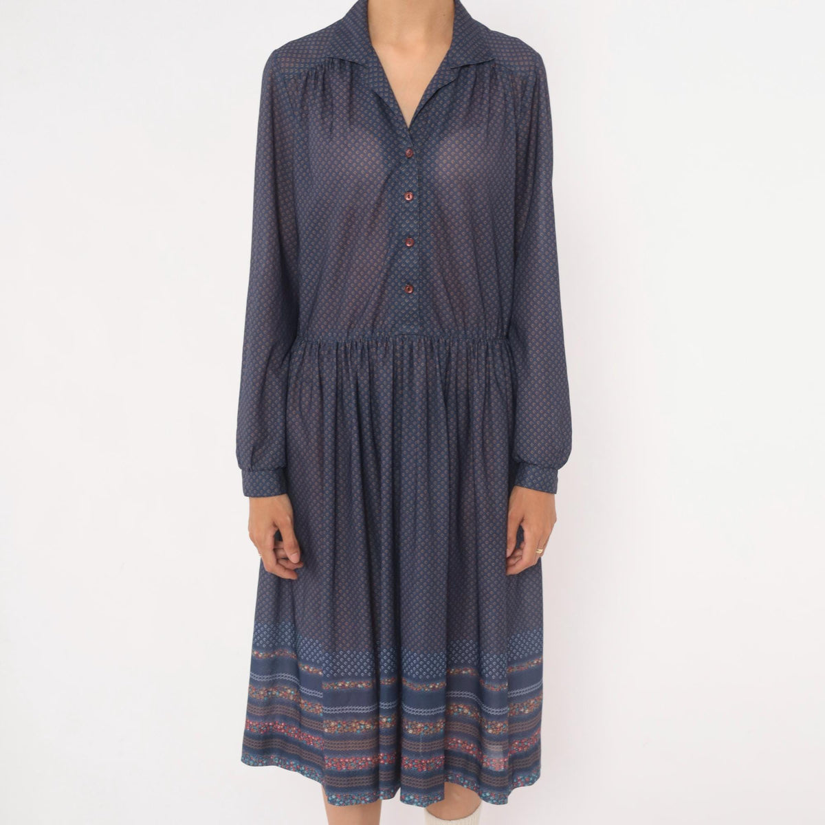 70s Navy Diamond Print Drop Waist Dress Collared Button Front Medium