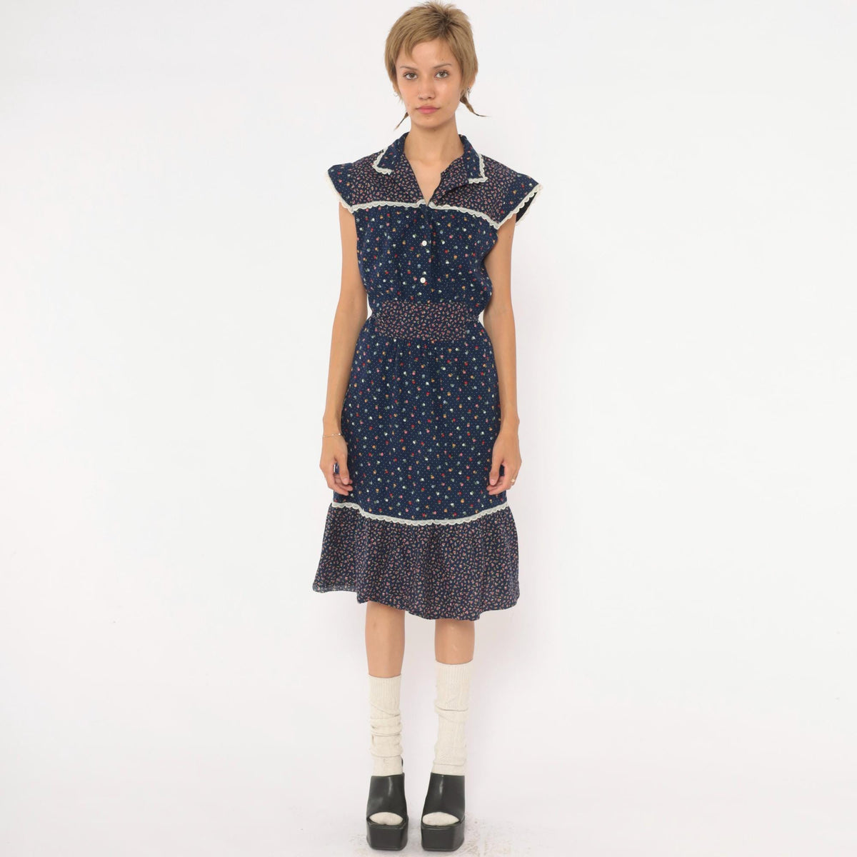 70s Navy Floral Calico Prairie Dress Cotton Cap Sleeve Button Front Small