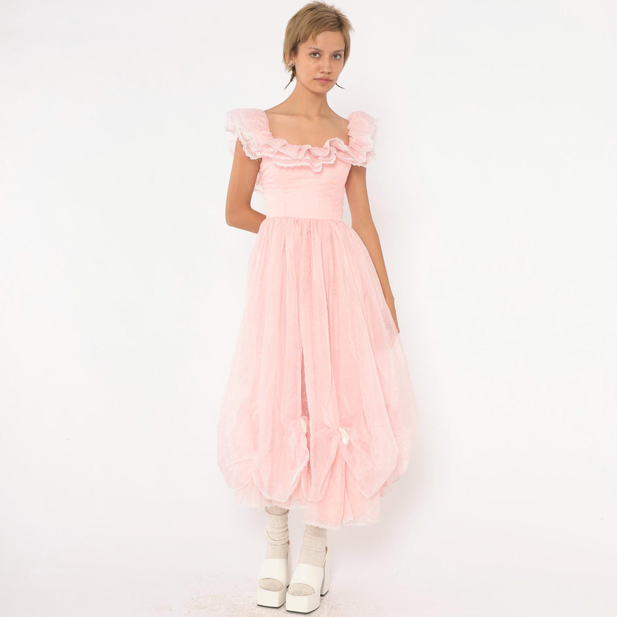 70s Pink Swiss Dot Midi Party Dress Ruffle Neckline Lace Trim XXS
