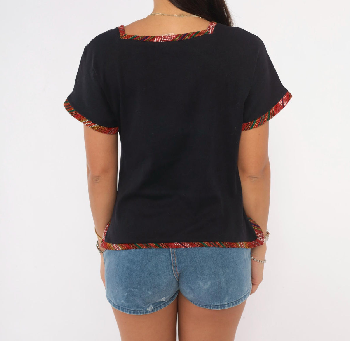 Y2K Black Cotton Horse Appliqué Top Square Neck Woven Trim Medium M