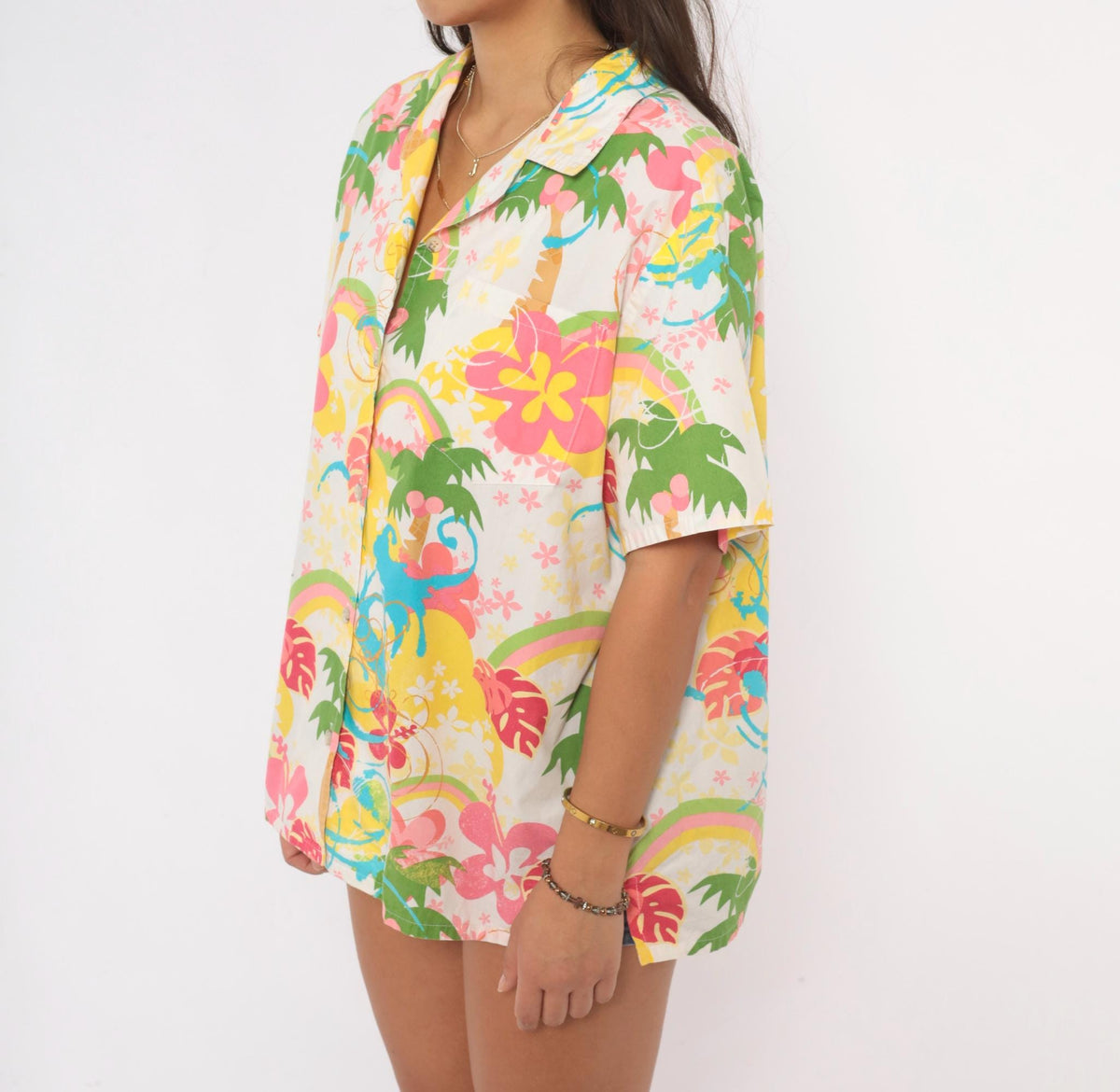 Y2K Barefoot Paradise Hawaiian Shirt White Cotton Camp Collar Tropical Print Extra Large XL