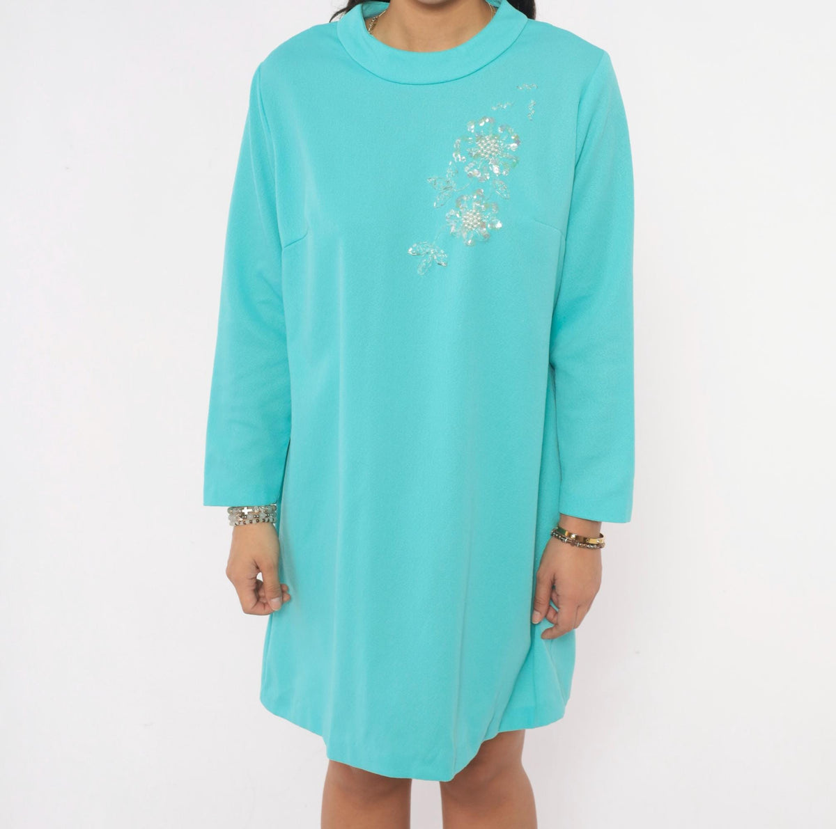 70s Teal Shift Dress Beaded Sequin Floral Mock Neck Long Sleeve A-Line Plus Size Extra Large