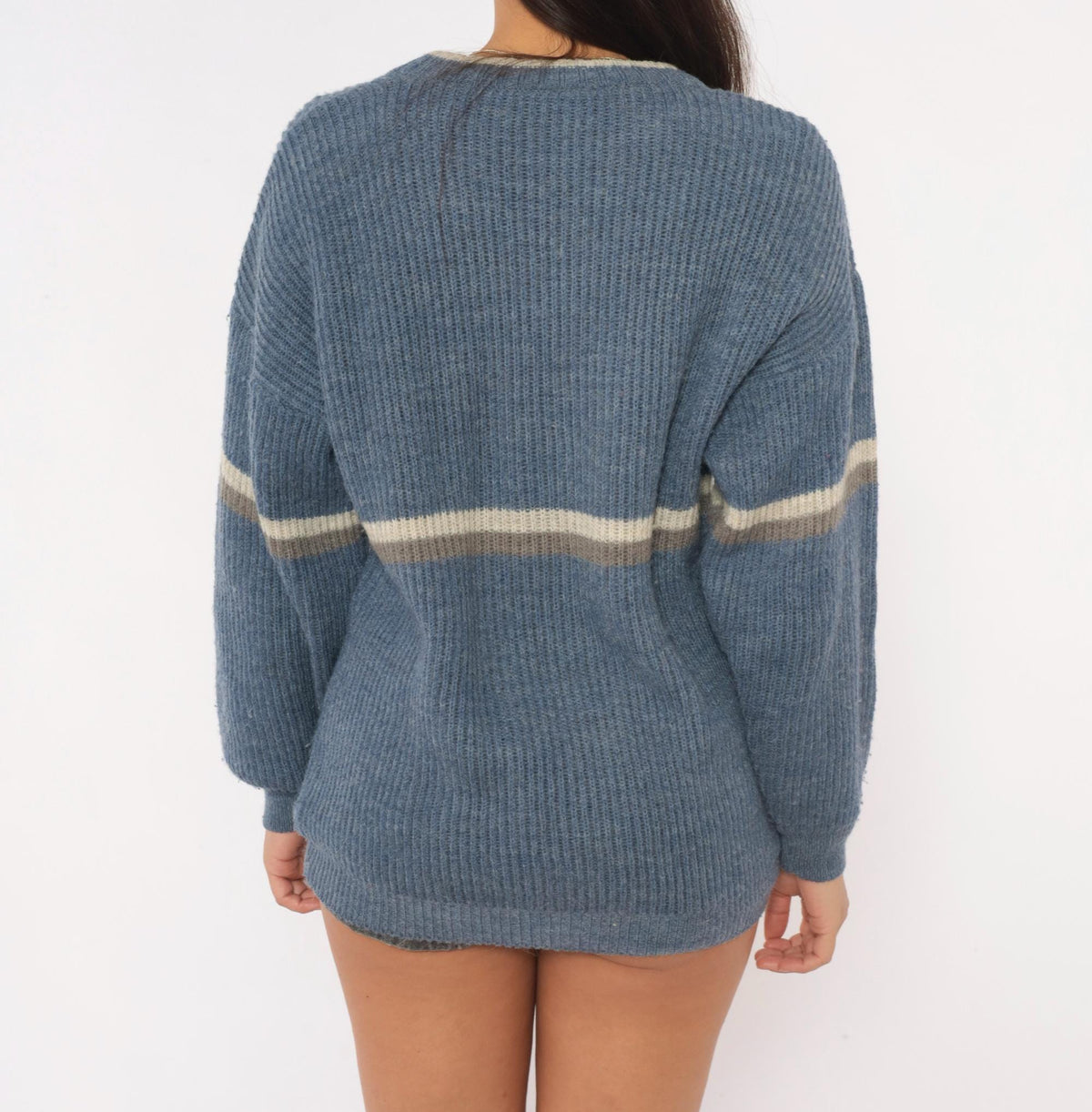 80s Bobsledding Winter Games Wool Knit Pullover Blue Cream Stripe Medium