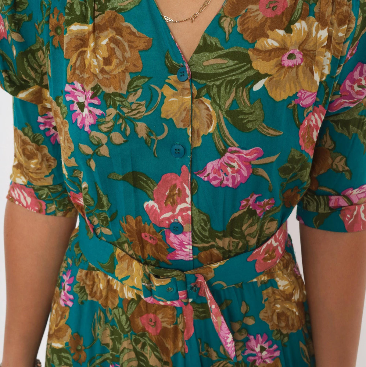 90s Carol Anderson Teal Floral Midi Dress Puff Sleeve Button Front Small S