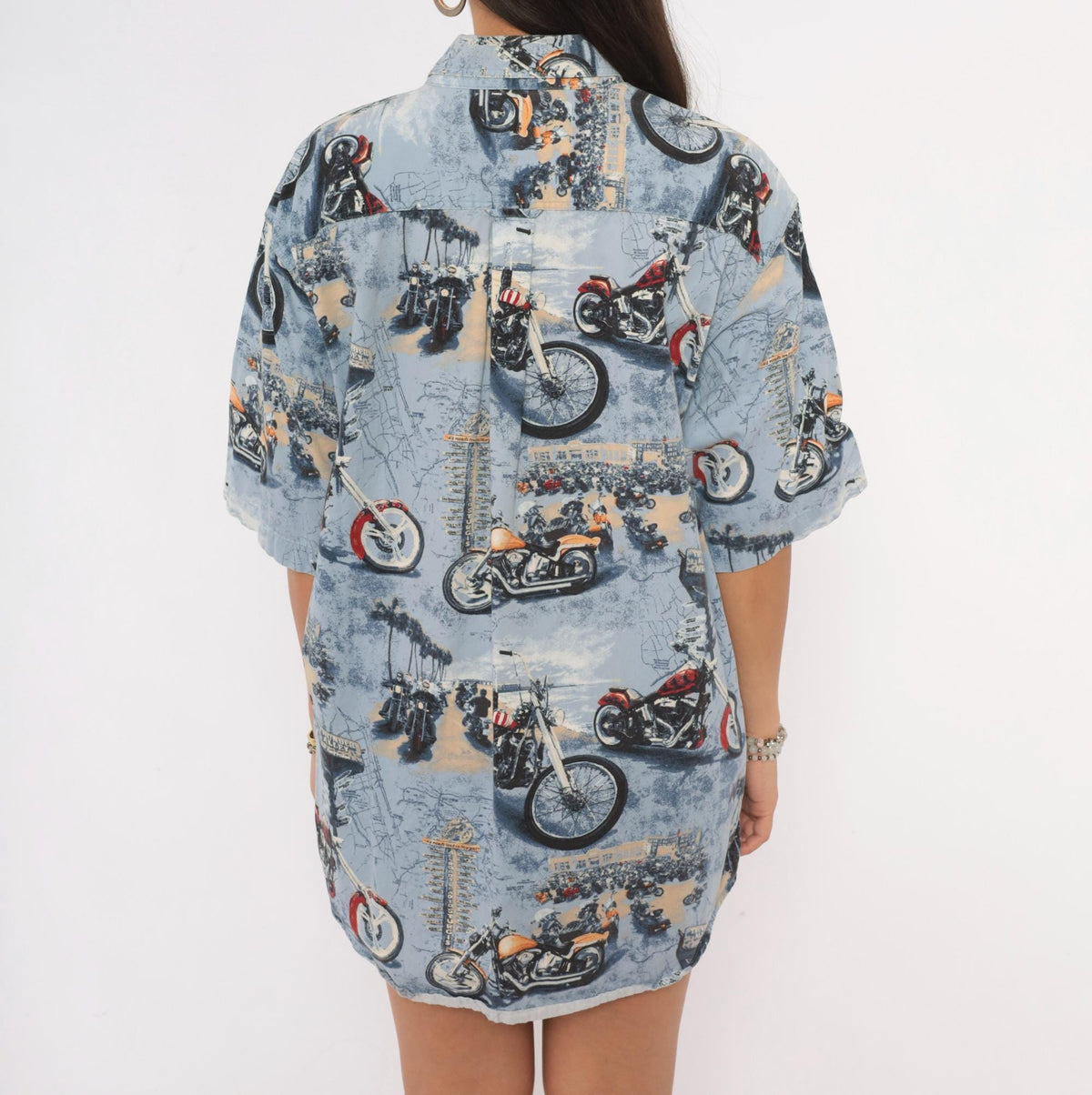 Y2K Redhead Motorcycle Print Button-Up Shirt Blue Cotton Medium