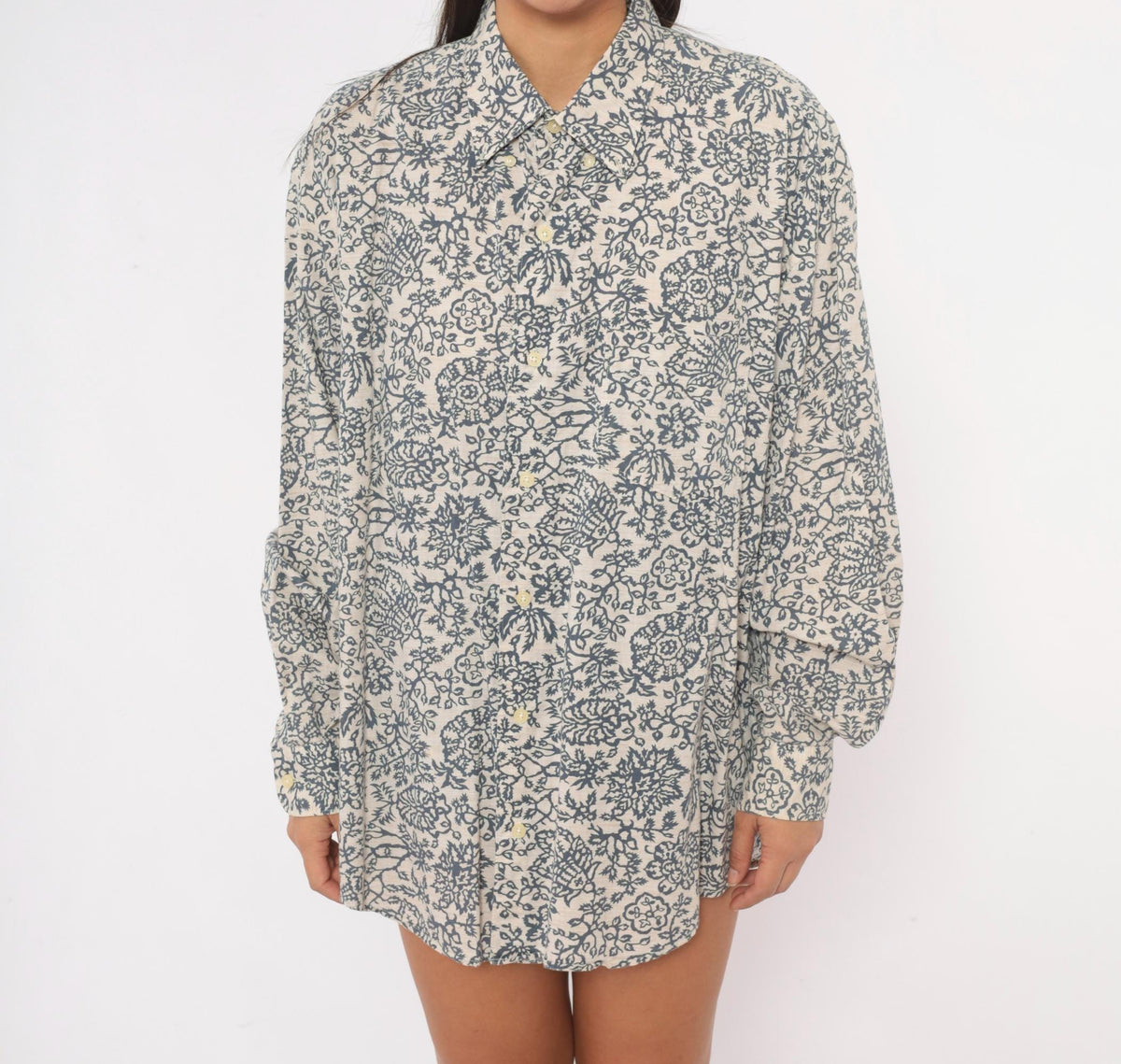 90s Banana Republic Floral Print Cotton Shirt Cream Navy Button Front Extra Large