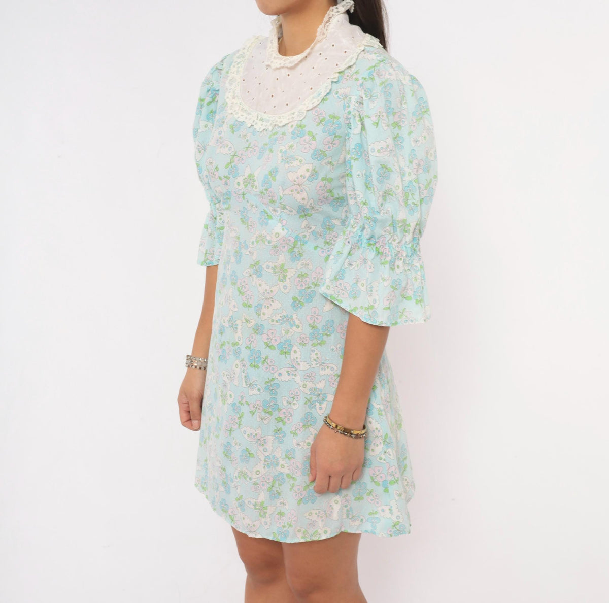 70s Light Blue Butterfly Print Cotton Dress Puff Sleeve Eyelet Lace Yoke Small