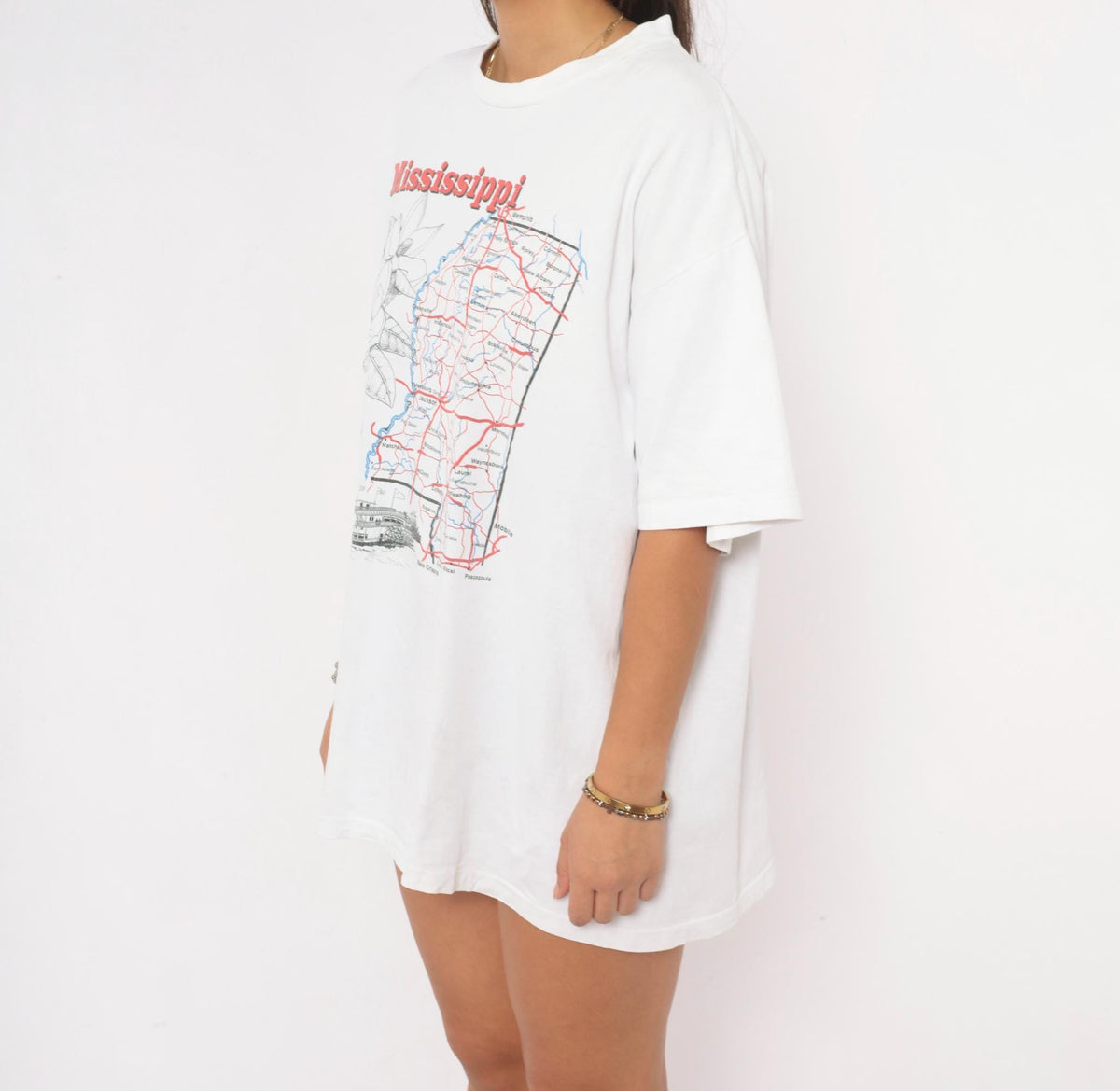 90s Mississippi State Map Souvenir Tee White Graphic Cotton XL