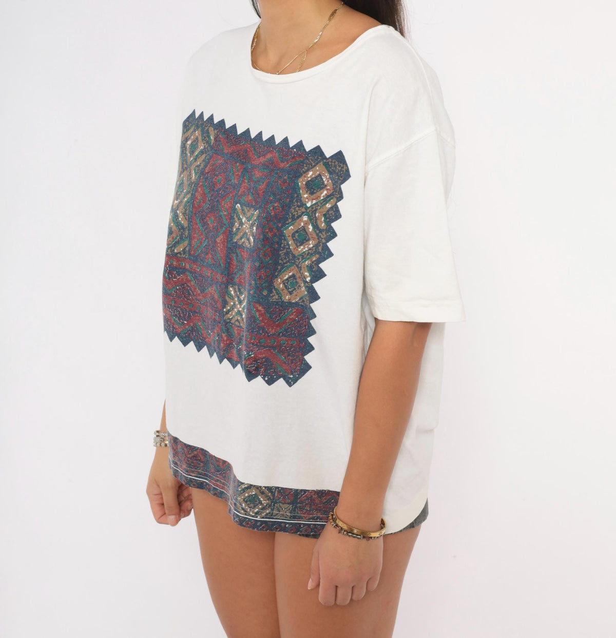 90s Southwestern Tapestry Graphic Tee White Cotton Geometric Burgundy Large L