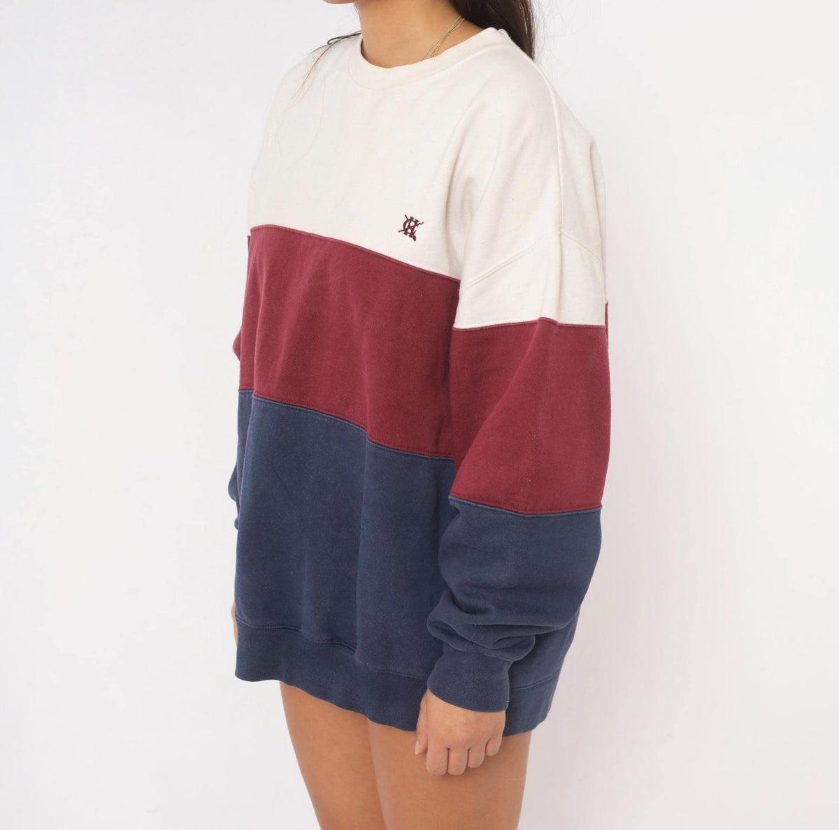 90s Hunt Club Color Block Sweatshirt Cream Burgundy Navy Crewneck Large L