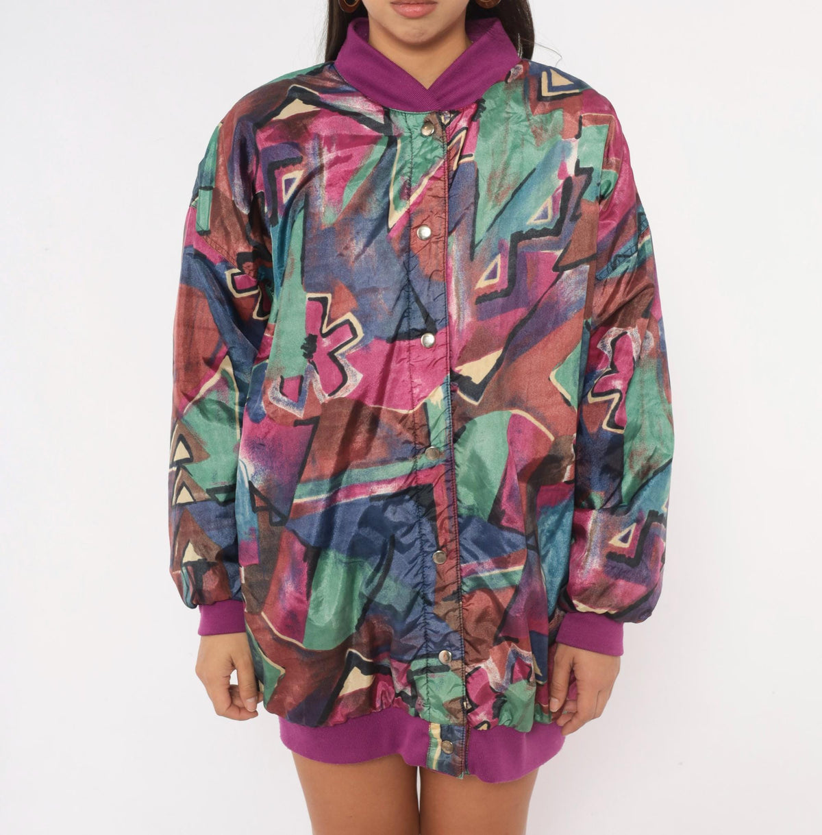 80s Abstract Reversible Bomber Jacket Purple Green Geometric Snap Front Medium