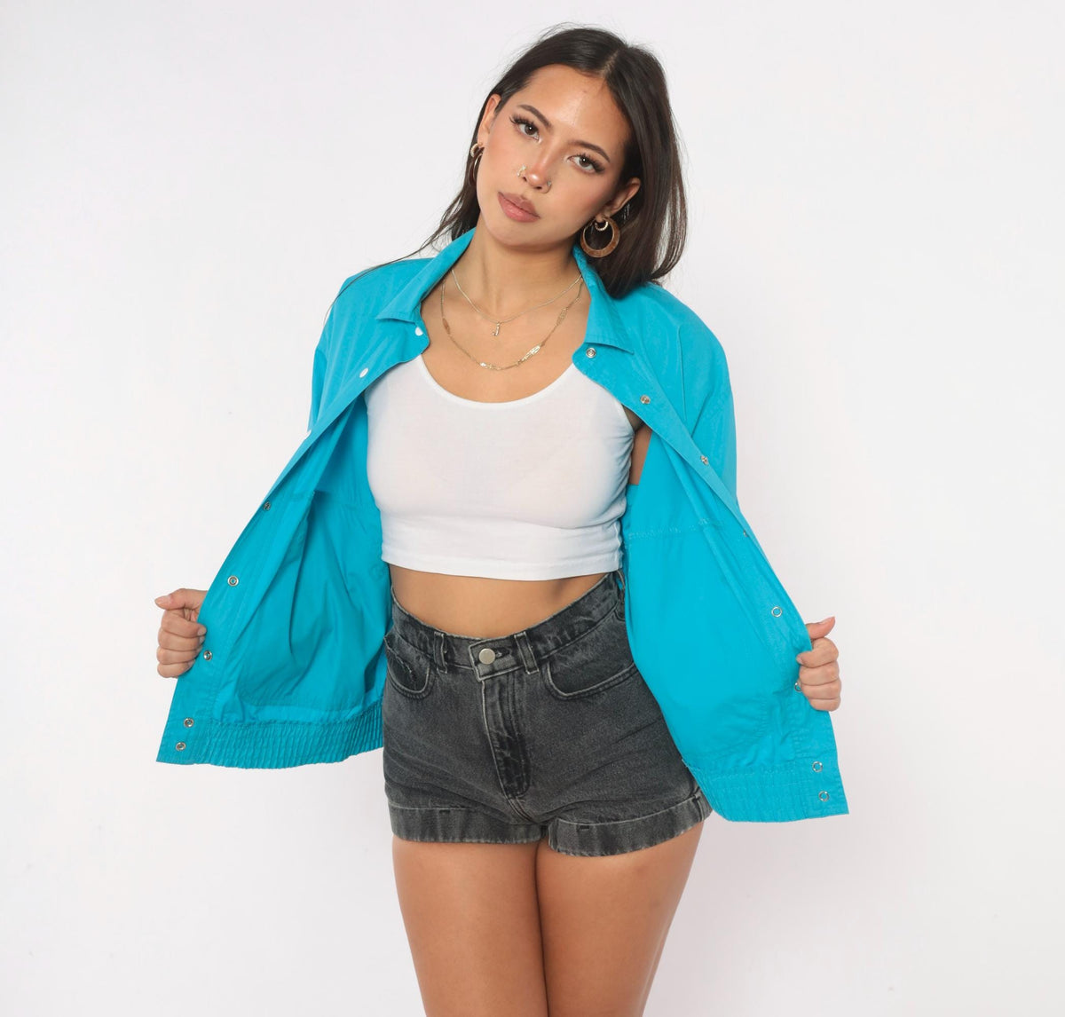 80s Koret Petites Teal Bomber Jacket Snap Front Pointed Collar Small S