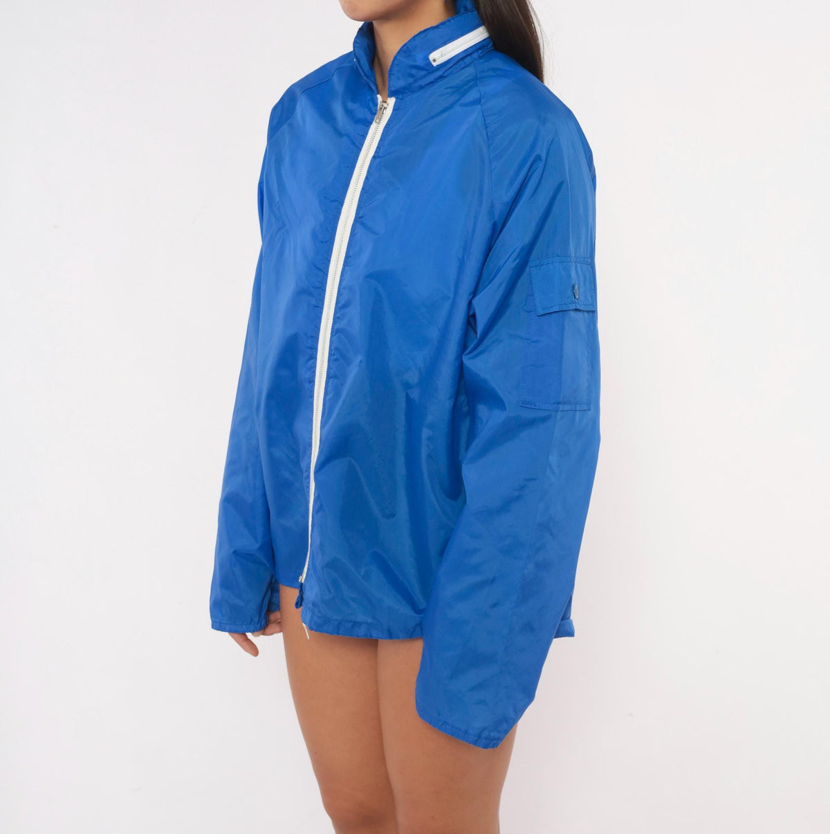 70s Cobalt Nylon Windbreaker Jacket Hooded Raglan Zip Front Royal Blue Medium
